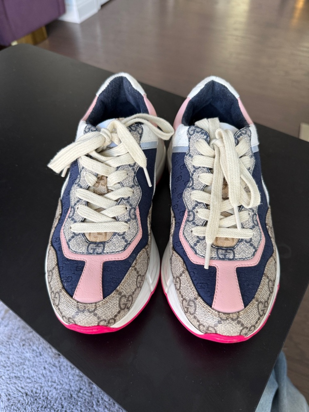 Gucci Beige Monogram Runner Sneakers with Hot Pink Soles